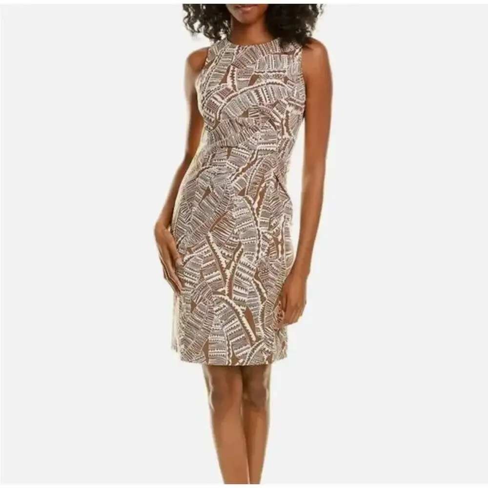 J.McLaughlin Brown White Tribal Print Sleeveless Twist Front Sheath Dress 8